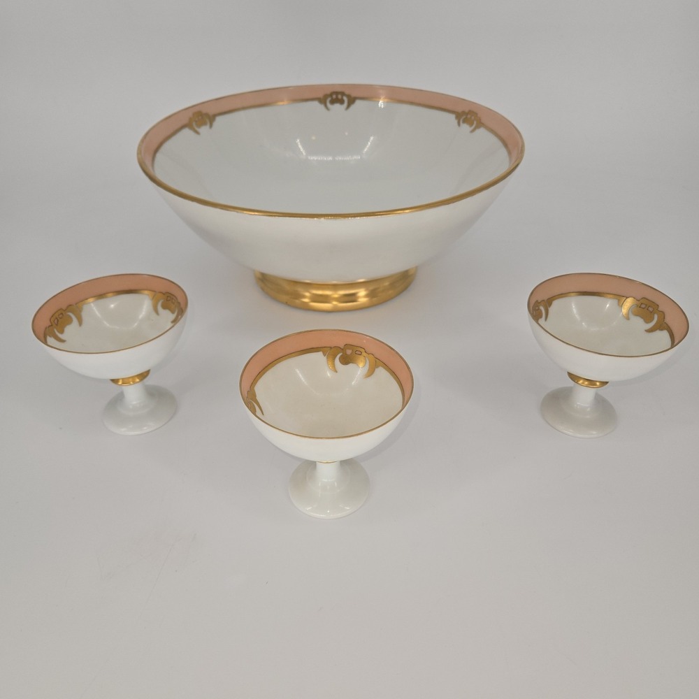Antique Rosenthal Bavaria Porcelain Dessert Set Peach Gold Sherbet Cups Bowl Art